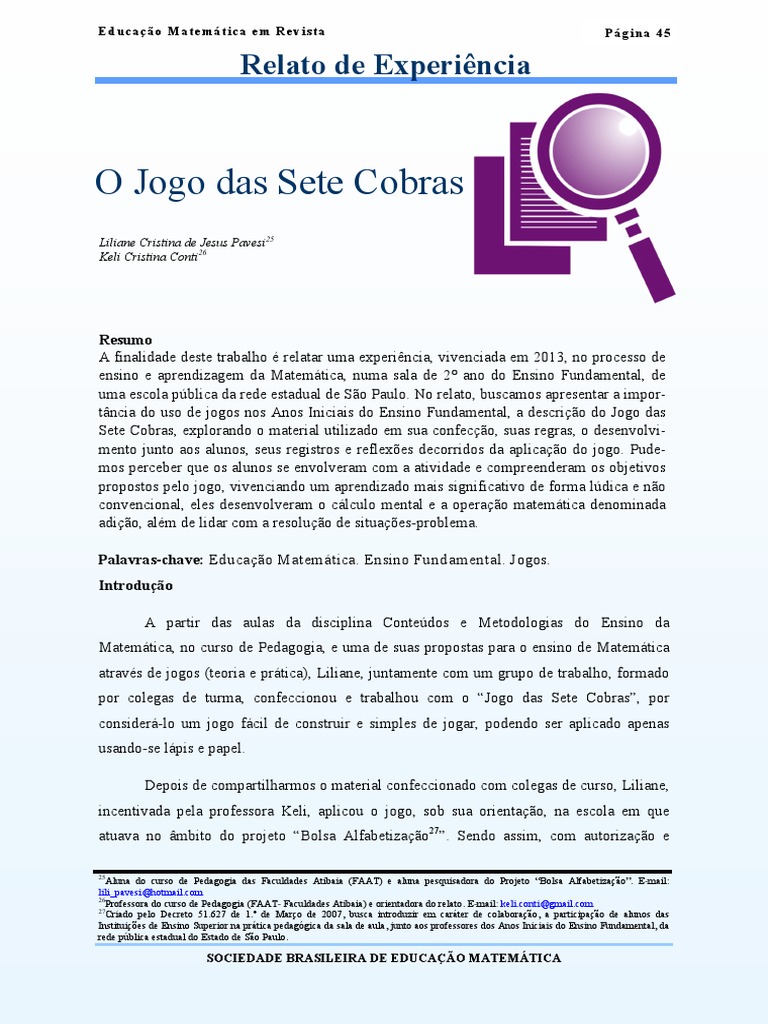 O Jogo Das Sete Cobras, PDF, Pedagogia